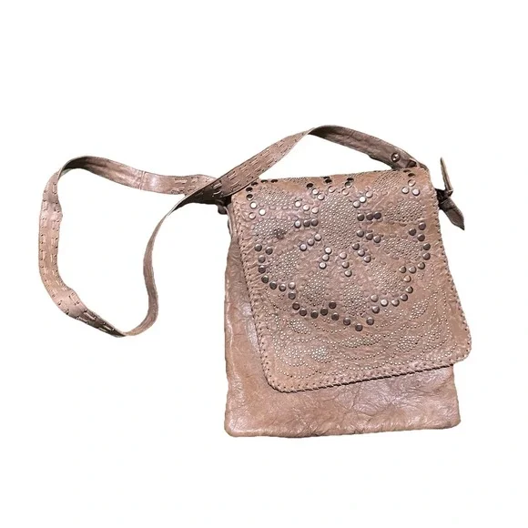 Christiansen Vintage Studded Leather Crossbody Brown Bag Bohemian 70' Hippie - Picture 1 of 13